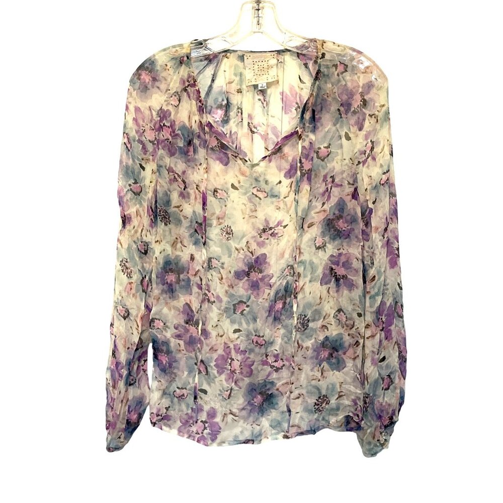 Johnny Was Glinda Floral Silk Peasant Blouse Sheer Long Sleeve Size S